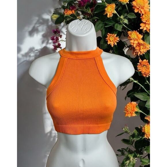 Cotton On Orange Ribbed Crop Tank Top Sz XS/S High Neck Stretch - Picture 1 of 6